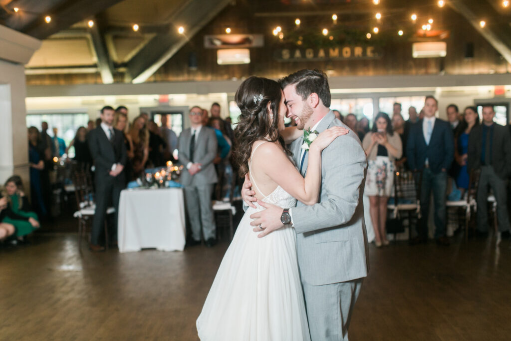 Bride and Groom on Dancefloor during wedding first dance at Latitude 41 Mystic