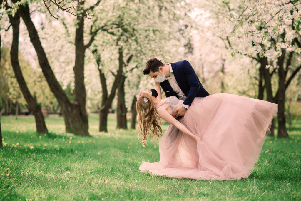 Bride Groom wearing masks in park Pandemic Wedding Italian Center Stamford CT