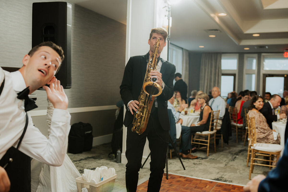 Waters Edge Wedding Venue, Westbrook CT DJ and saxophone player at reception