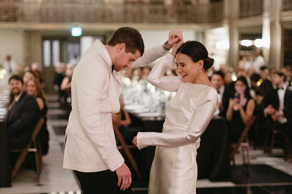 bride and groom first dance at george peabody library wedding