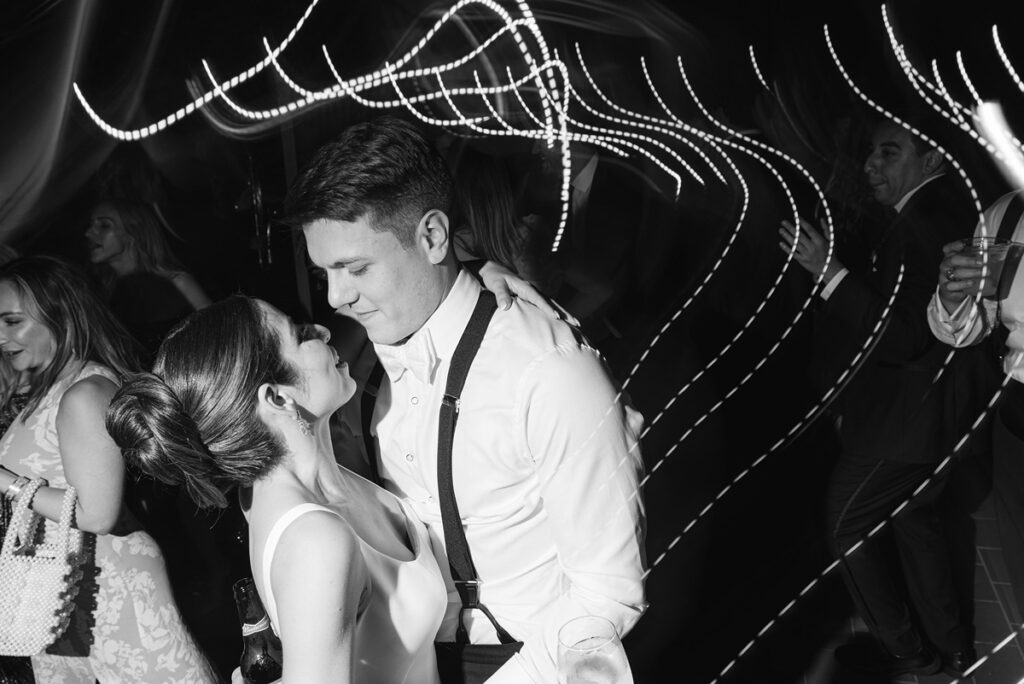 black and white close up of bride and groom