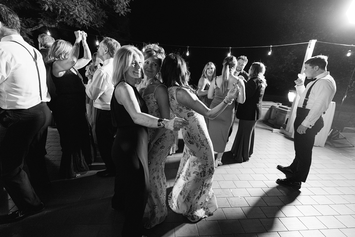 black and white dancefloor picture from wedding reception