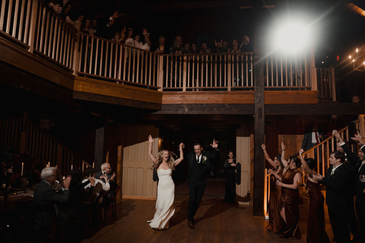 Bride and Groom entering the dancefloor at their wedding at The Preserve at Chocorua in Tamworth NH