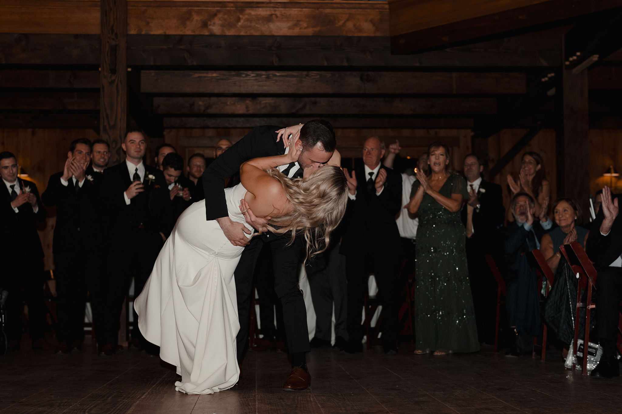 Bride and Groom epic kiss on dancefloor at The Preserve at Chocorua in Tamworth NH
